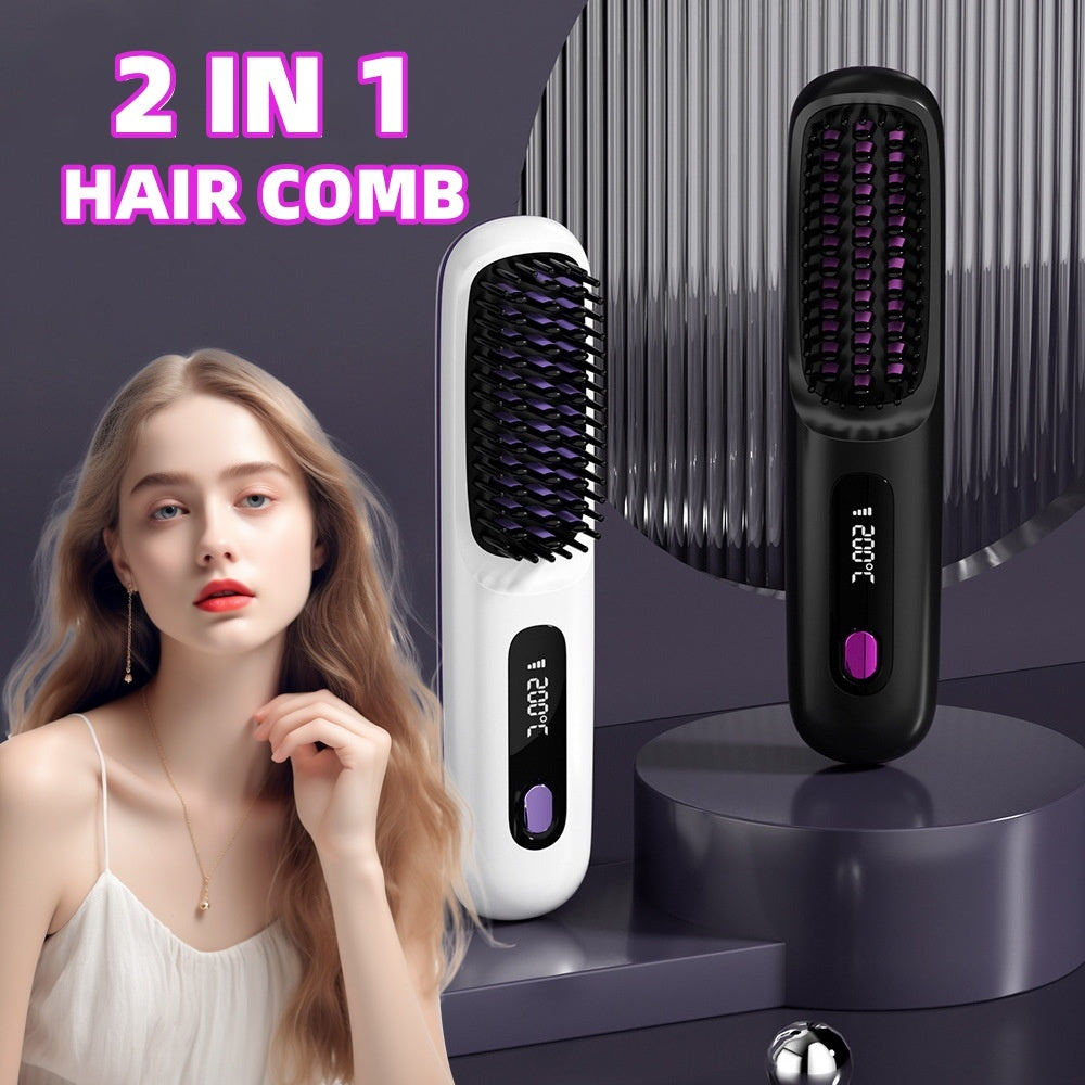 2-in-1 Wireless Hair Straightener Brush & Hot Curler – Fast Heating, Portable USB Rechargeable Hair Styling Comb